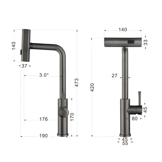 Factory Price Oem Odm Best Quality Gun Grey Stainless Steel 304 Commercial Kitchen Mixer Faucet Pull Out Kitchen Sink Faucet